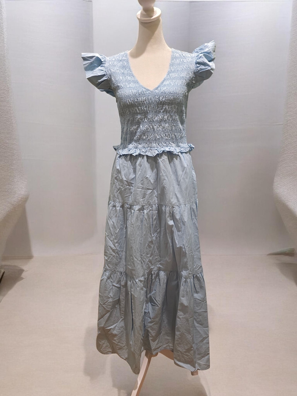 Smocked V-Neck Puff Sleeve Maxi Dress - Light Blue